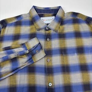 32 Bar Blues Men's XL Blue Gold Plaid Check Long Sleeve Button Up Shirt